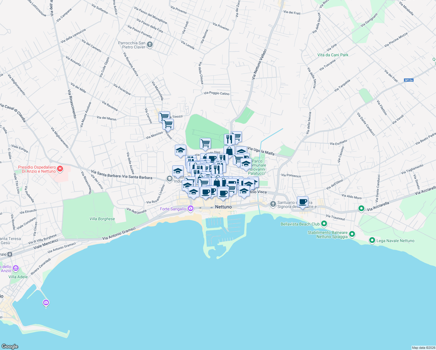 map of restaurants, bars, coffee shops, grocery stores, and more near 14 Via in Arcione in Nettuno