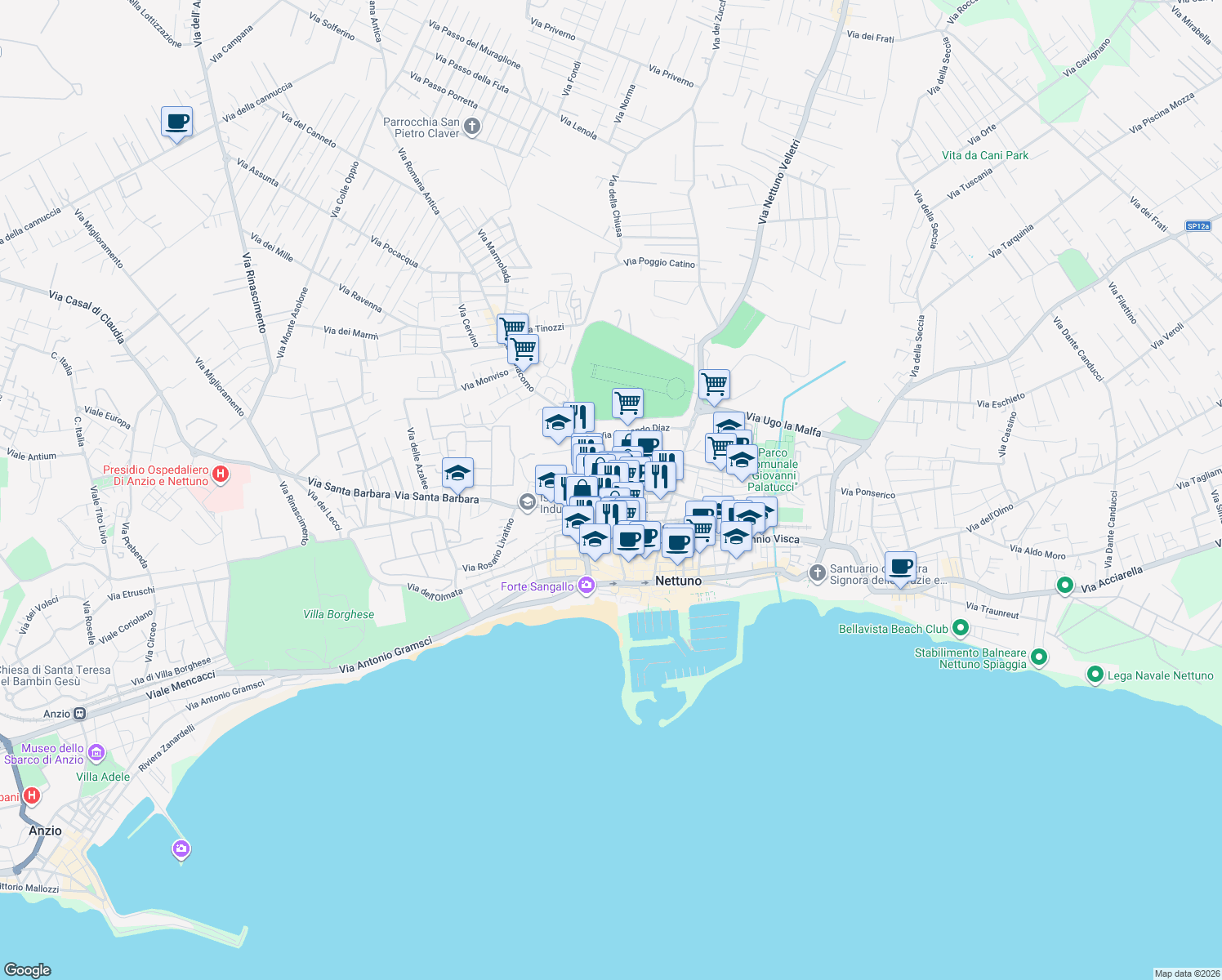 map of restaurants, bars, coffee shops, grocery stores, and more near 32 Via Gorizia in Nettuno