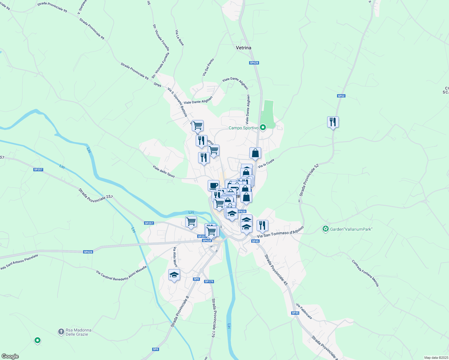 map of restaurants, bars, coffee shops, grocery stores, and more near Via San Giovanni Battista in Pontecorvo