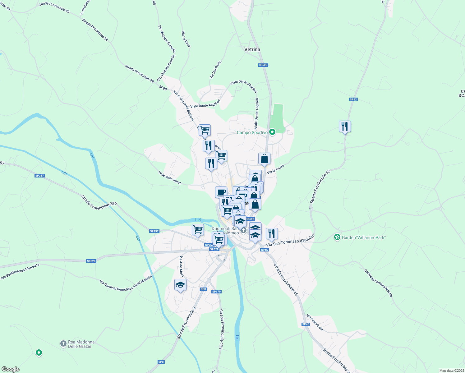 map of restaurants, bars, coffee shops, grocery stores, and more near Via San Giovanni Battista in Pontecorvo