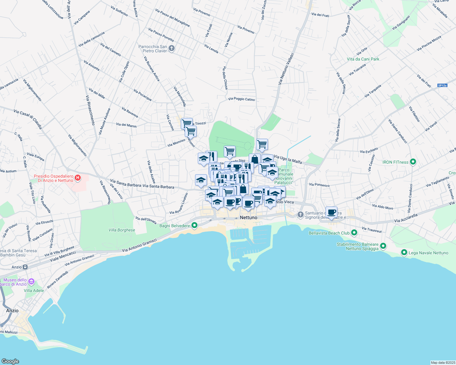map of restaurants, bars, coffee shops, grocery stores, and more near 49B Via in Arcione in Nettuno