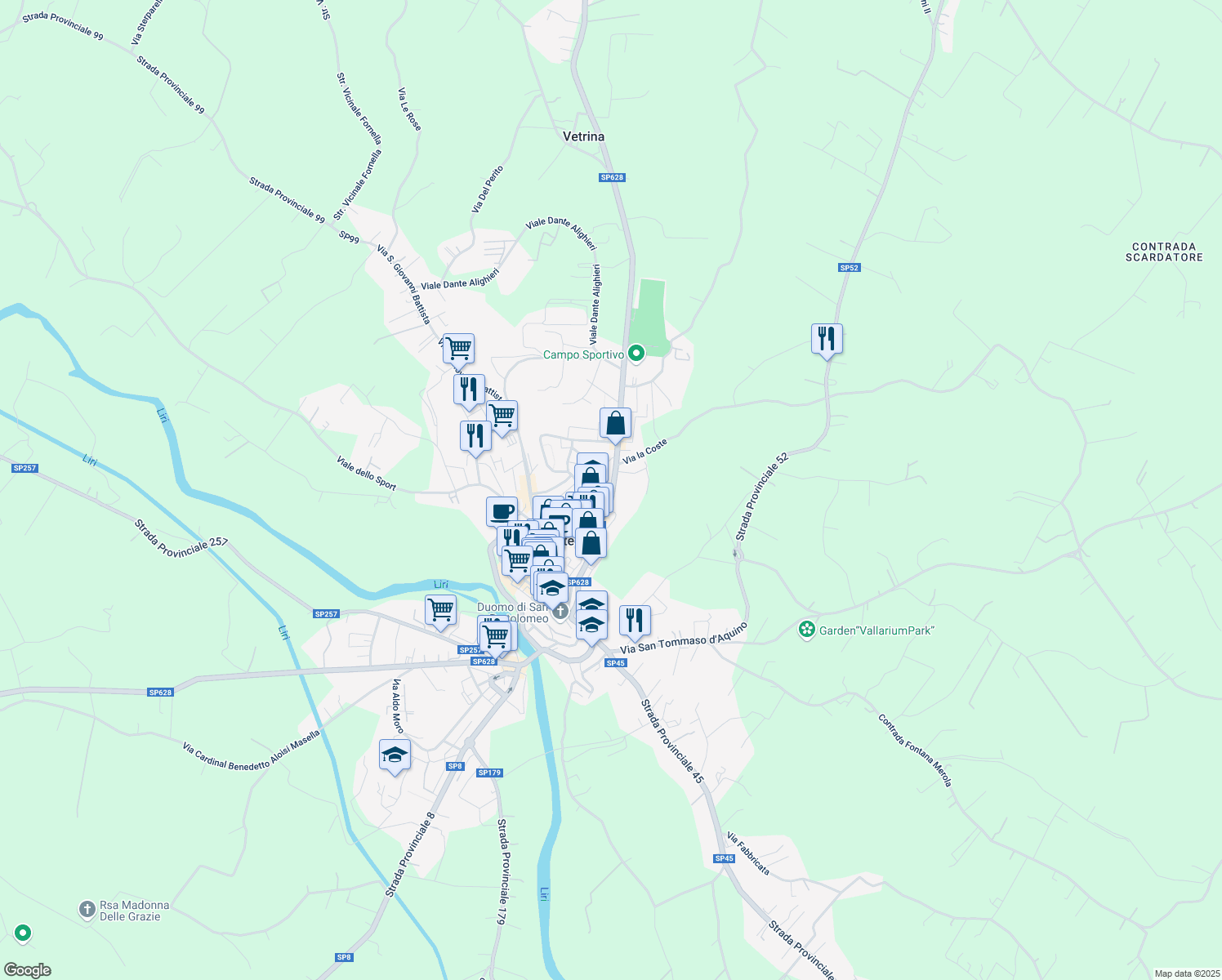 map of restaurants, bars, coffee shops, grocery stores, and more near 18A Via Giovan Battista Bernadotte in Pontecorvo