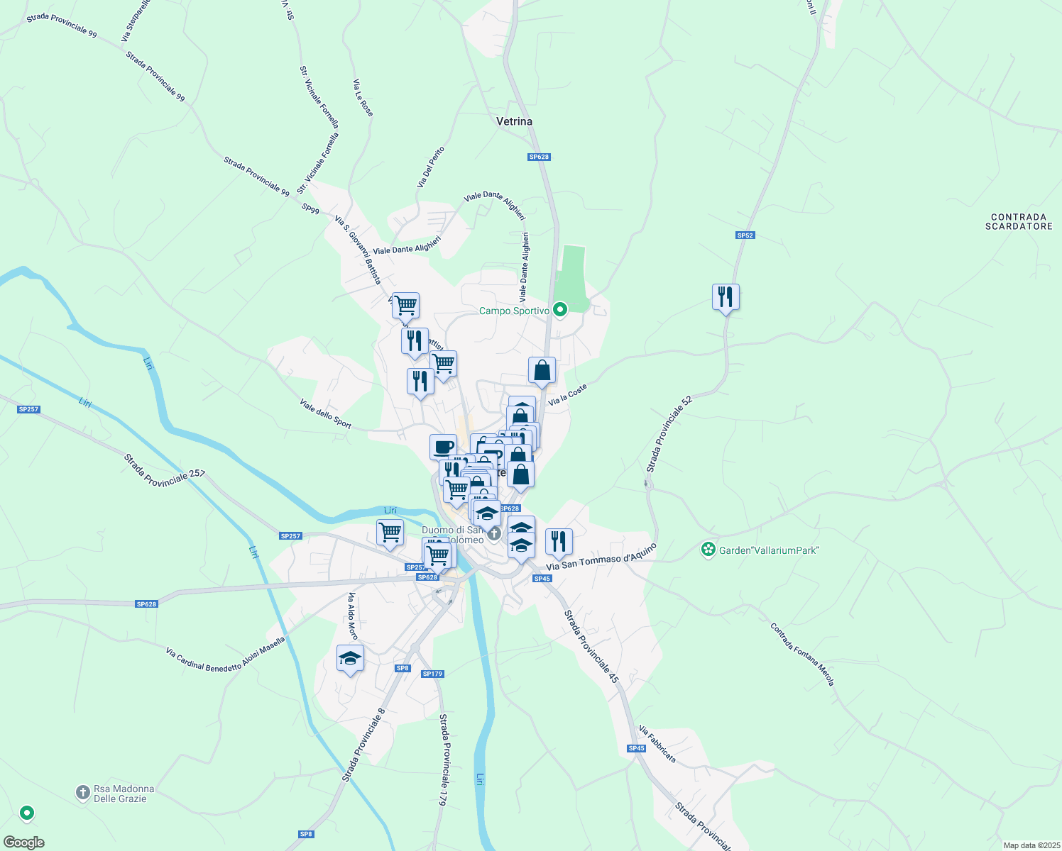 map of restaurants, bars, coffee shops, grocery stores, and more near 18A Via Giovan Battista Bernadotte in Pontecorvo