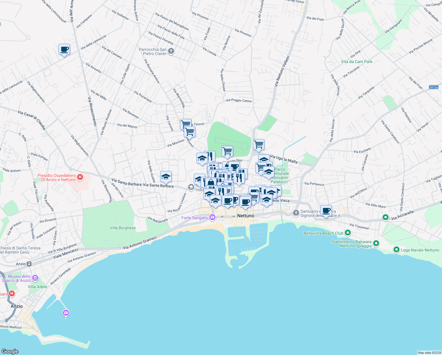 map of restaurants, bars, coffee shops, grocery stores, and more near 32 Via Gorizia in Nettuno
