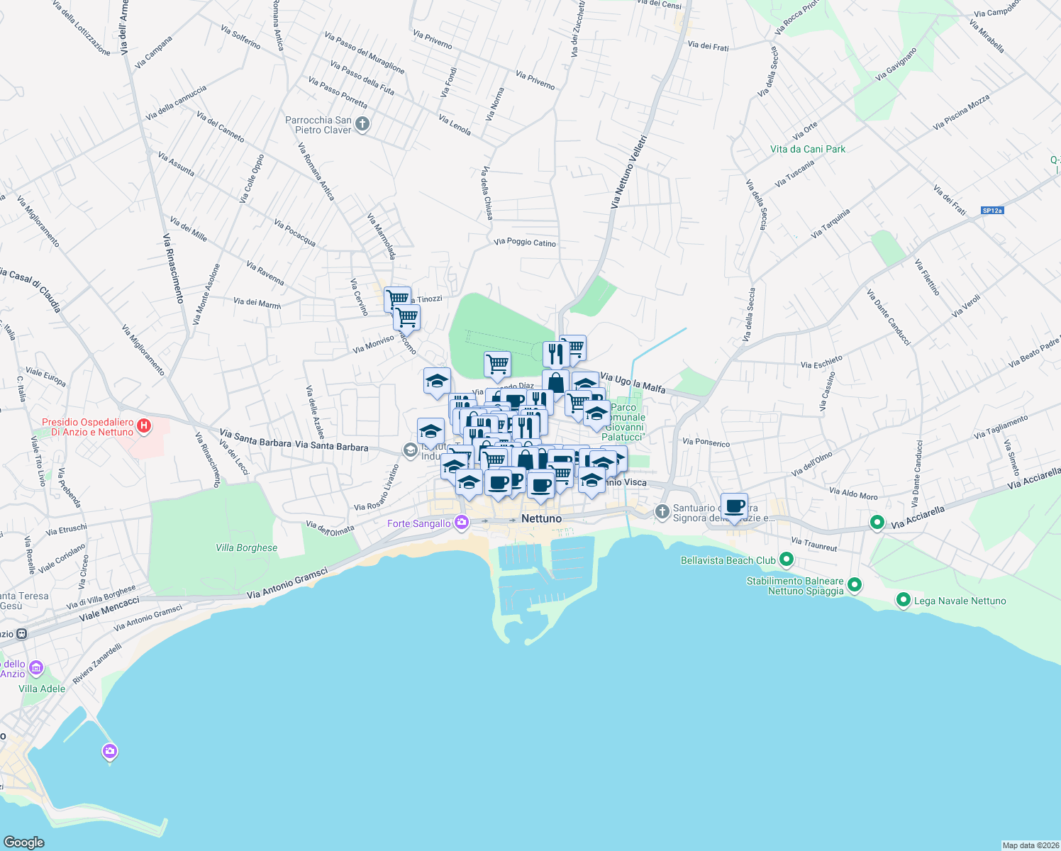 map of restaurants, bars, coffee shops, grocery stores, and more near 14 Via Arcione in Nettuno