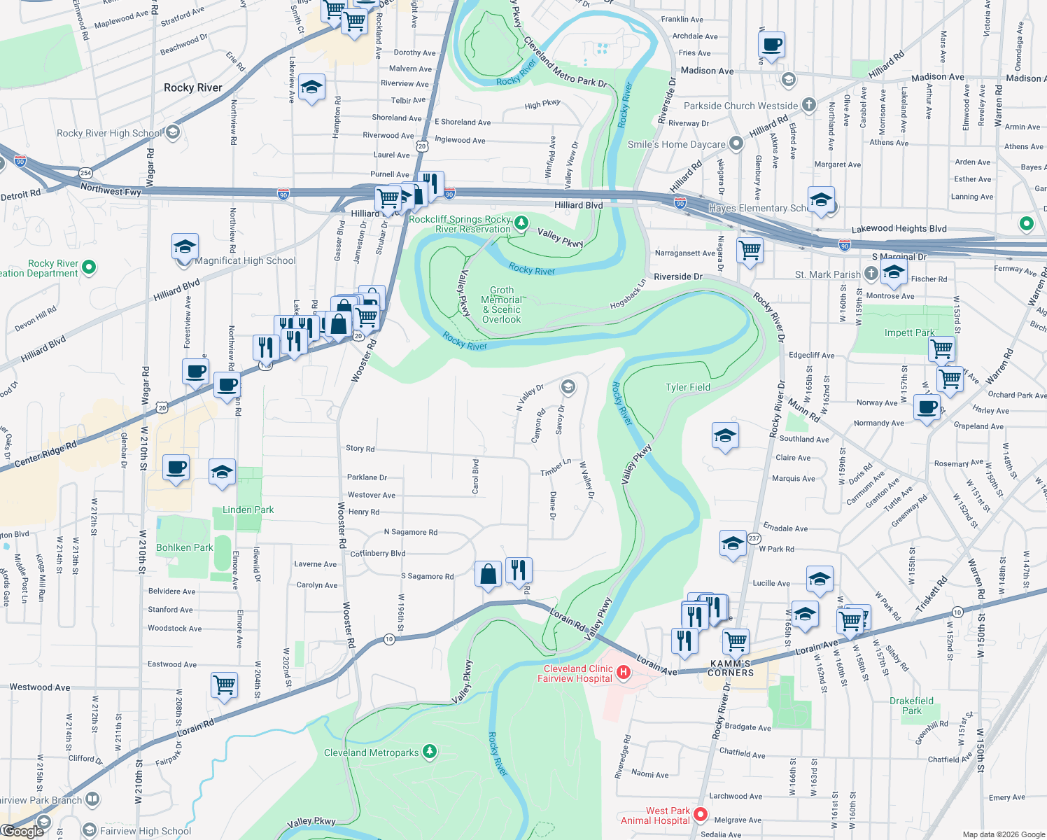 map of restaurants, bars, coffee shops, grocery stores, and more near 3873 N Valley Dr in Fairview Park