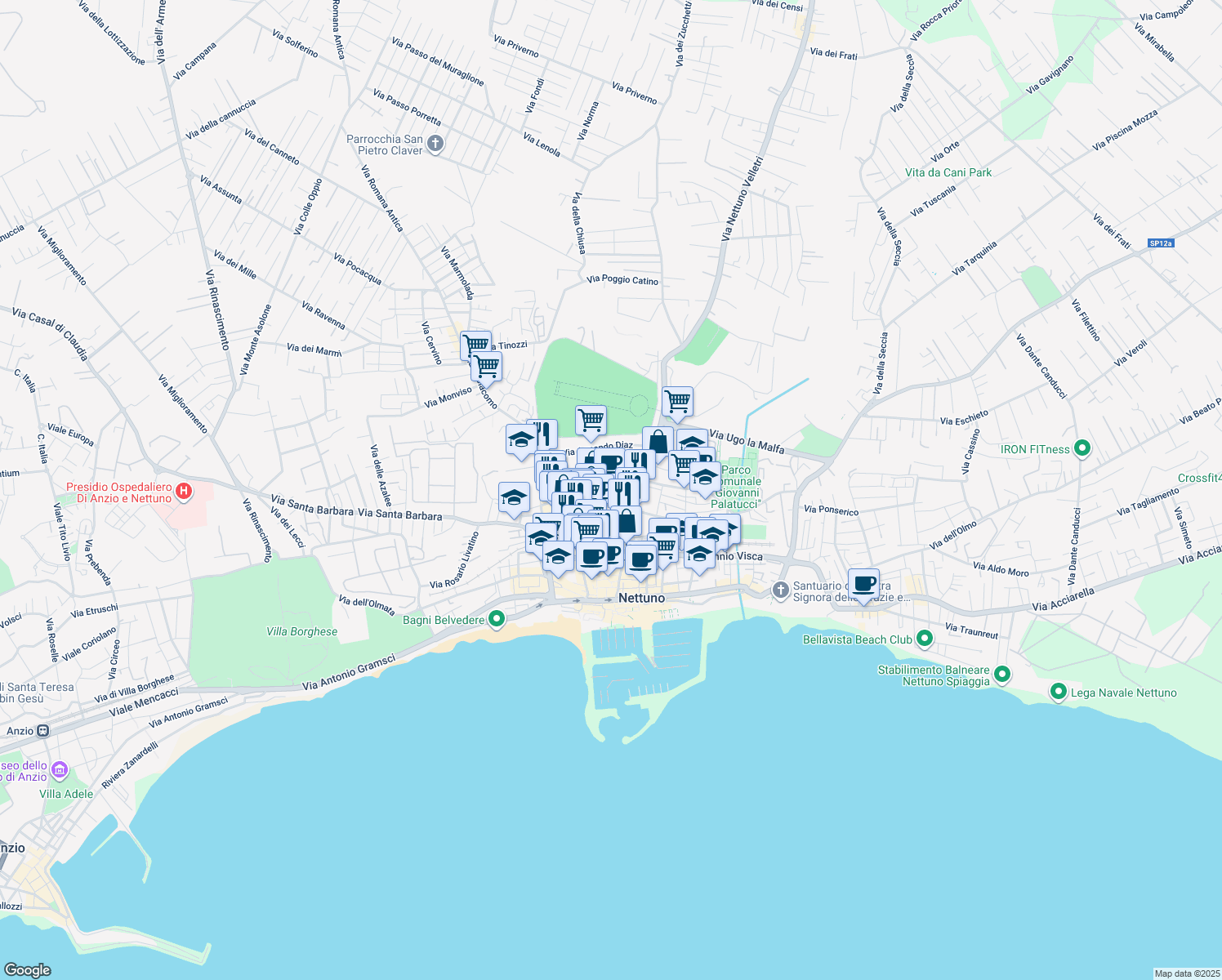 map of restaurants, bars, coffee shops, grocery stores, and more near 49/B Via Arcione in Nettuno