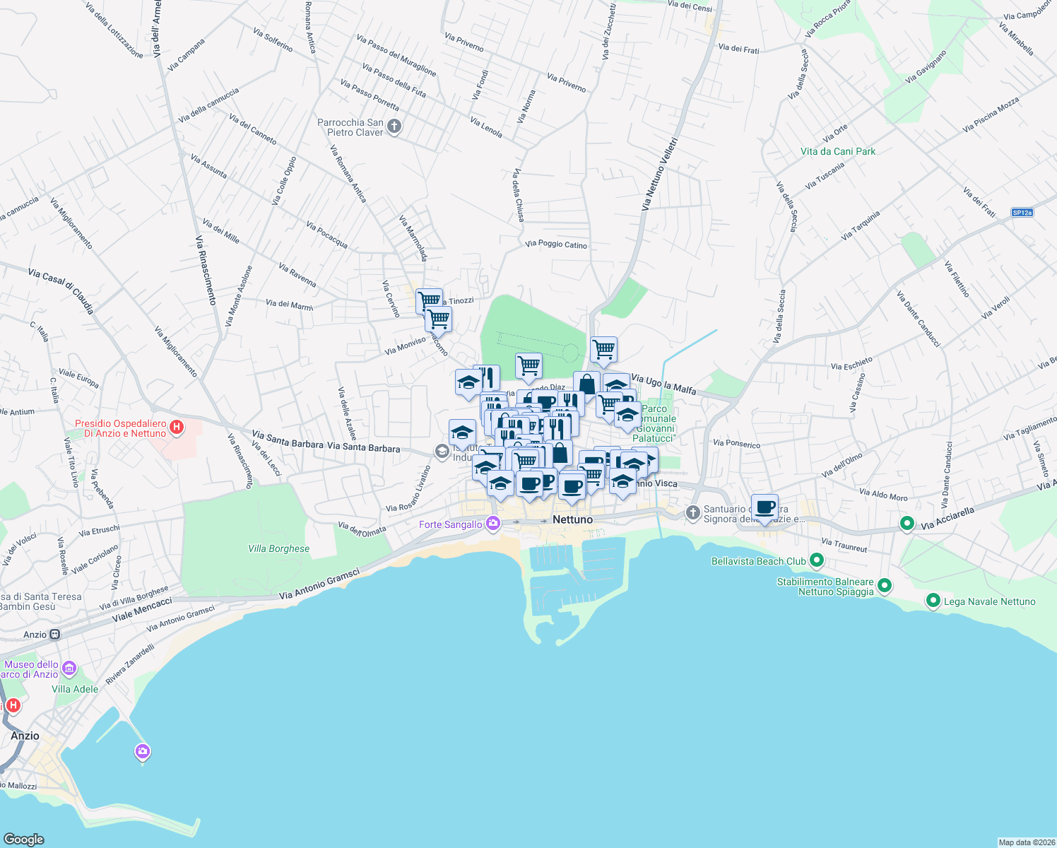 map of restaurants, bars, coffee shops, grocery stores, and more near 49B Via in Arcione in Nettuno