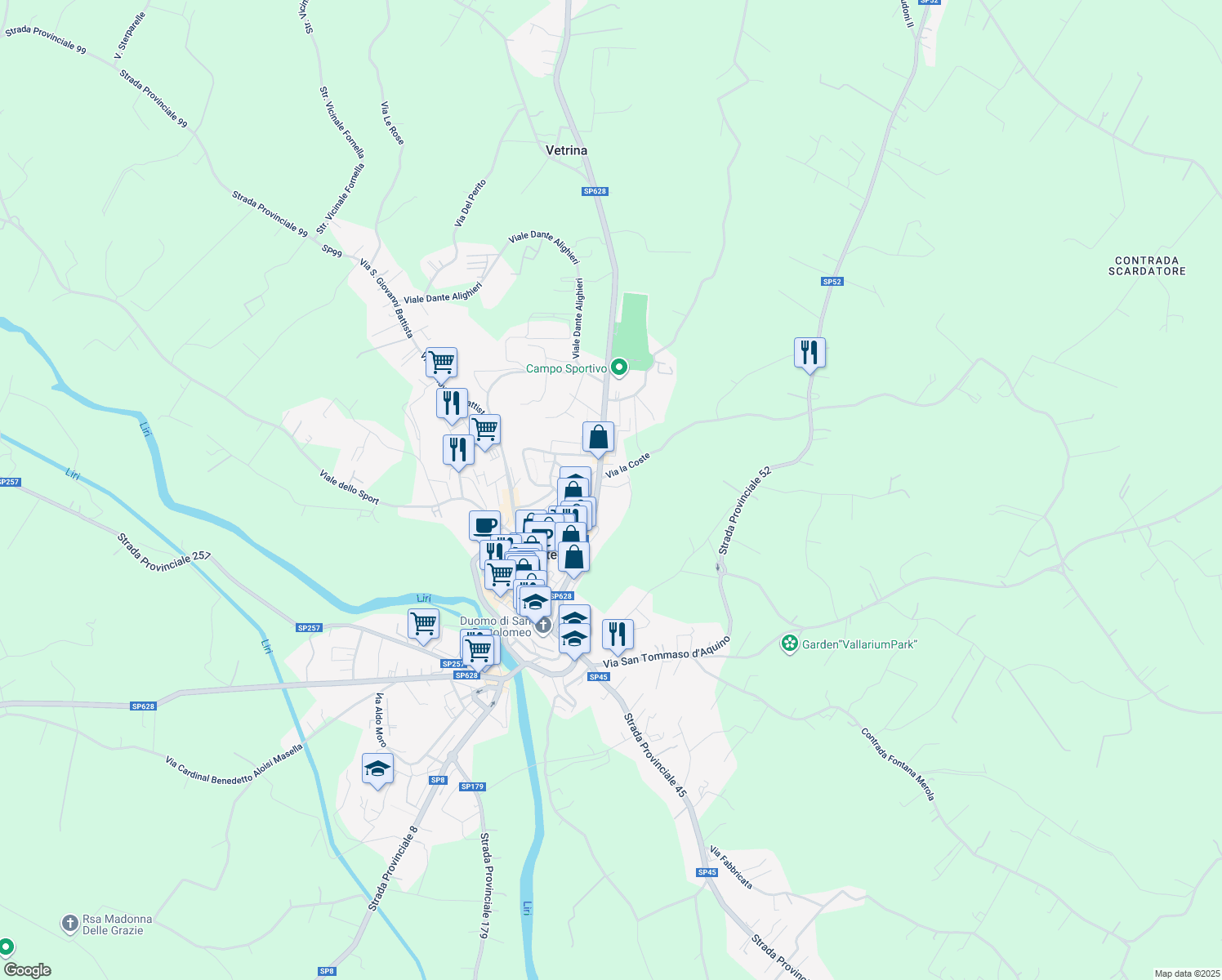map of restaurants, bars, coffee shops, grocery stores, and more near 2B Via Jhon Kennedy in Pontecorvo