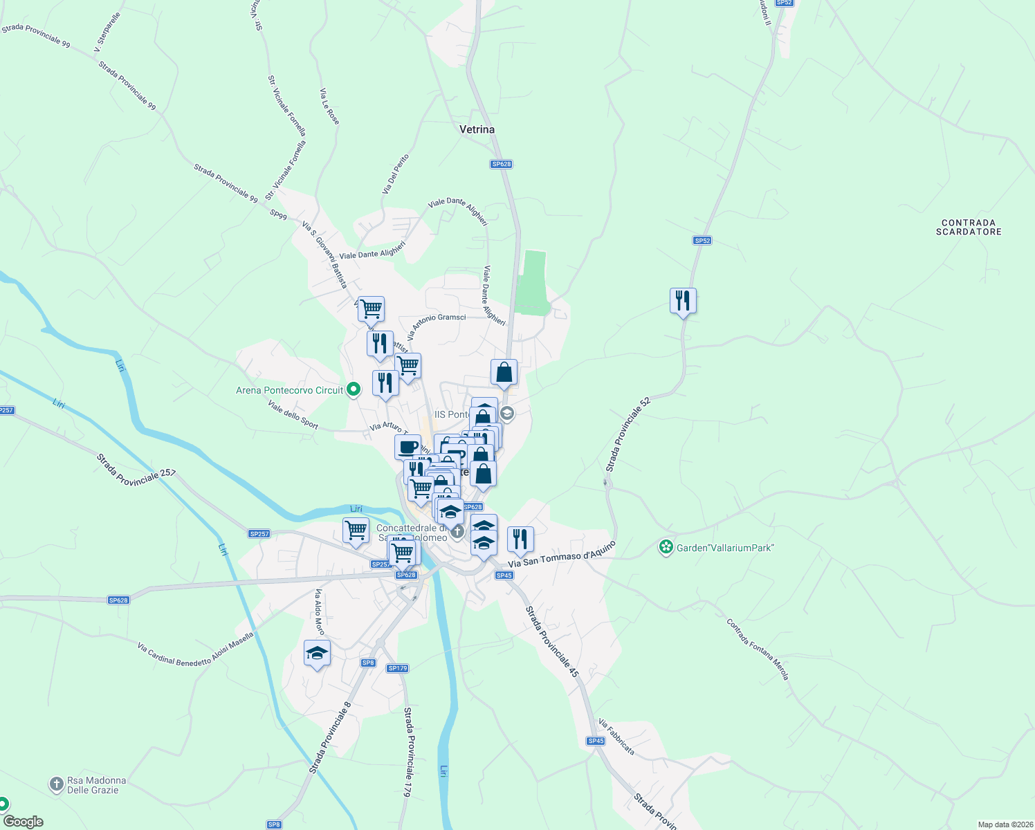 map of restaurants, bars, coffee shops, grocery stores, and more near 2B Via Jhon Kennedy in Pontecorvo