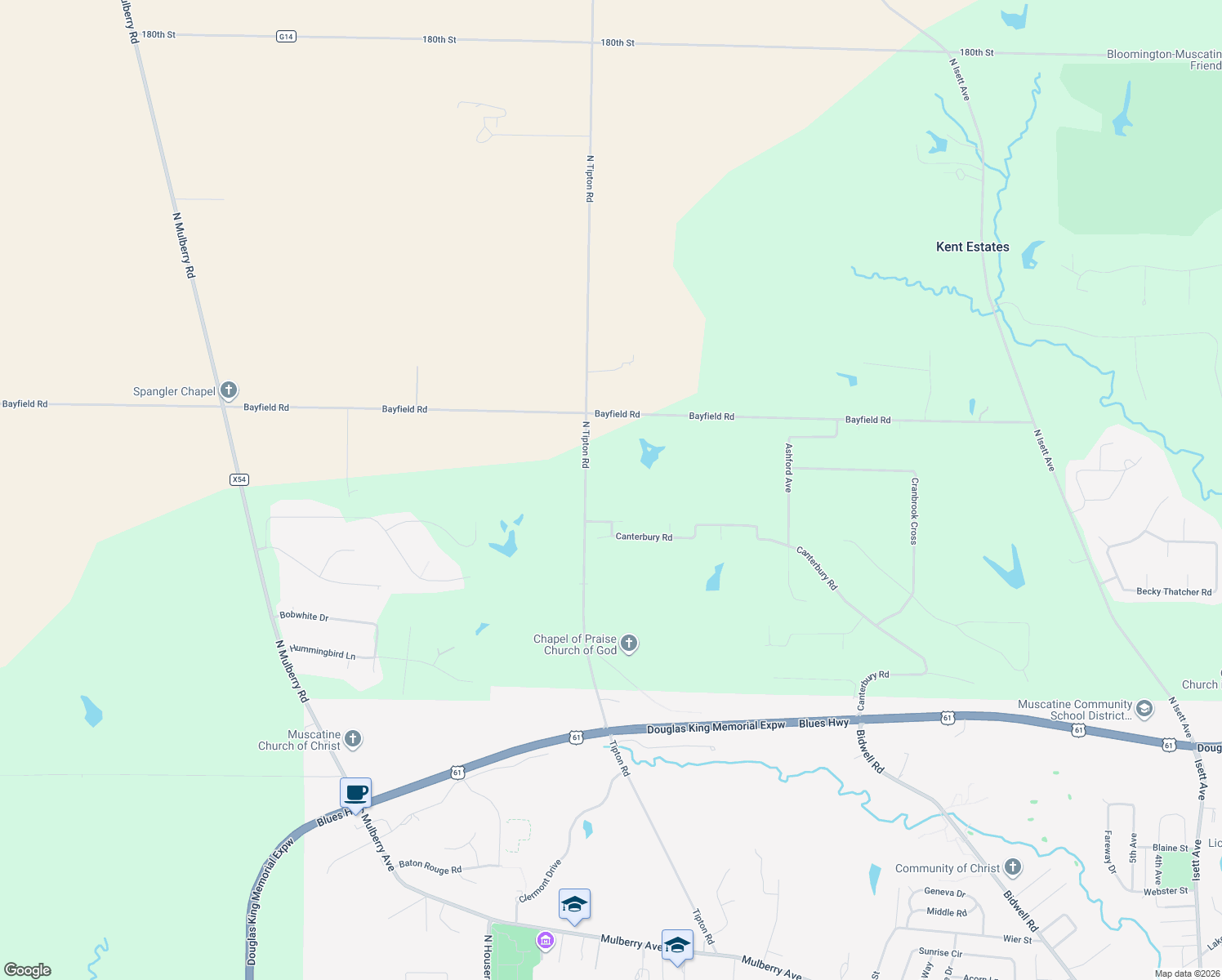 map of restaurants, bars, coffee shops, grocery stores, and more near 1923 N Tipton Rd in Muscatine