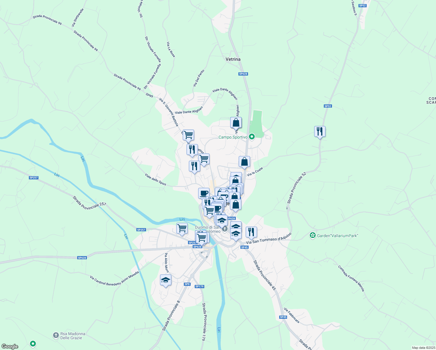 map of restaurants, bars, coffee shops, grocery stores, and more near 15 Via Trieste in Pontecorvo