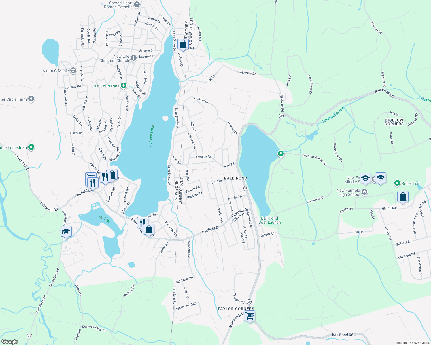 map of restaurants, bars, coffee shops, grocery stores, and more near 16 Bantam Road in New Fairfield