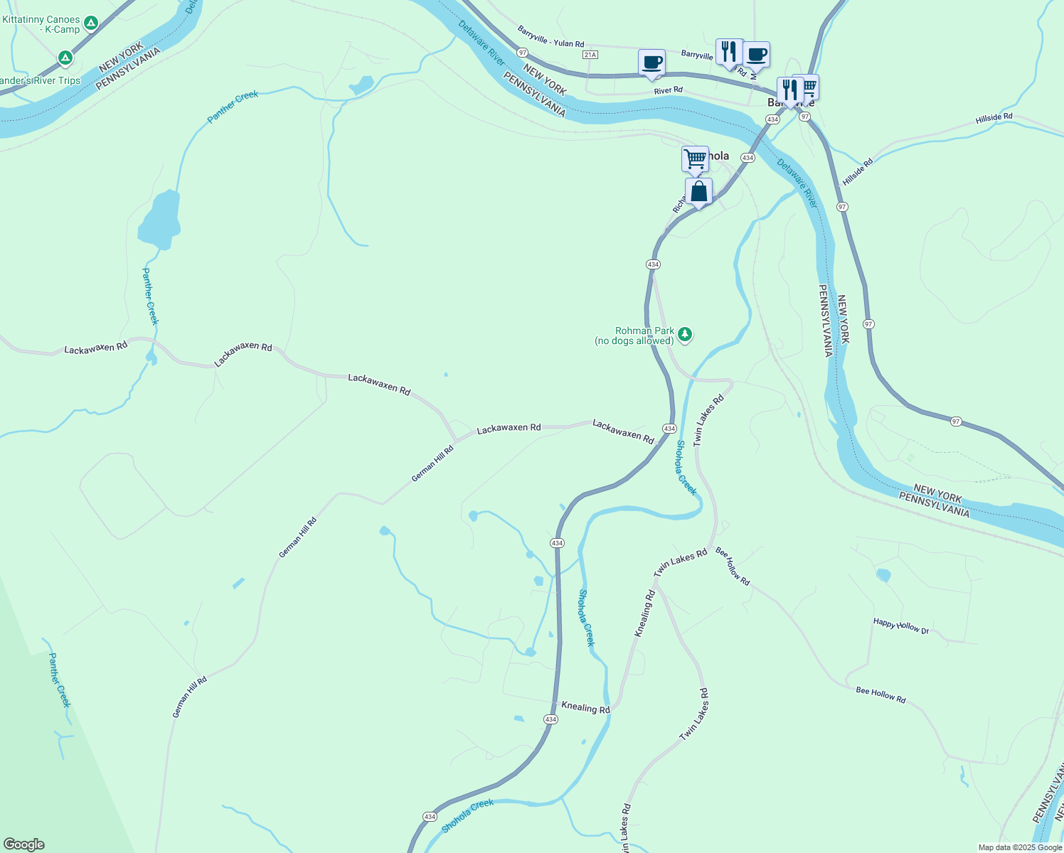 map of restaurants, bars, coffee shops, grocery stores, and more near 141 Lackawaxen Road in Pike