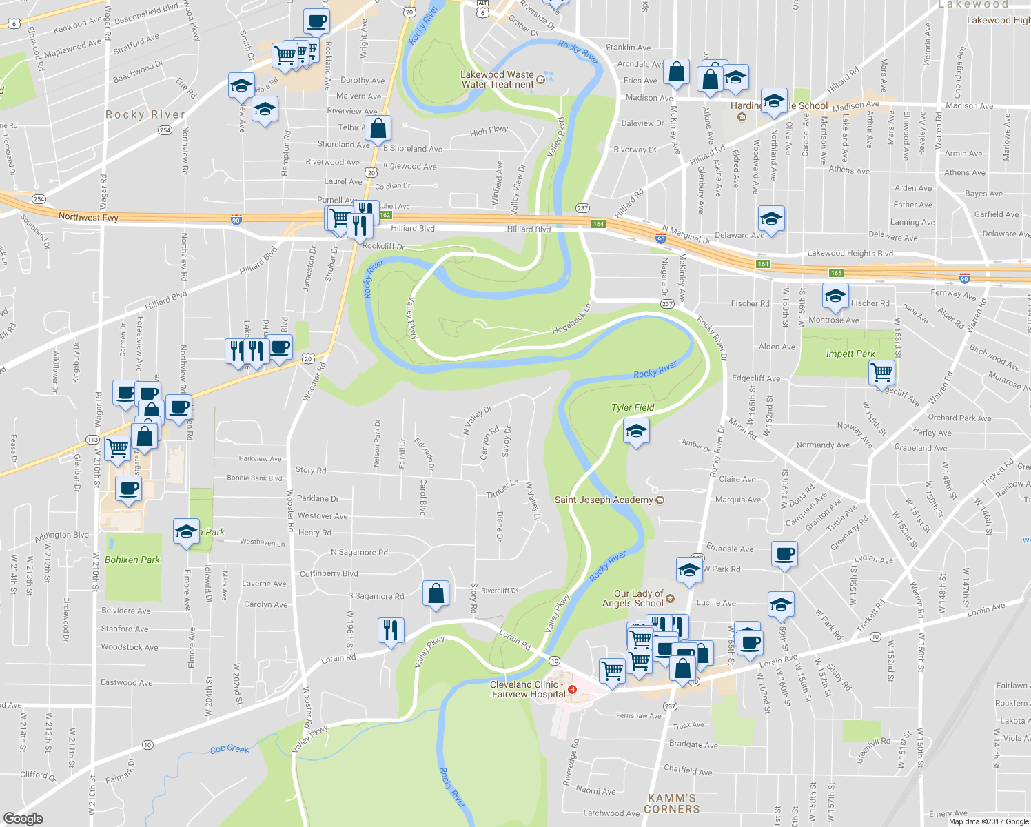 map of restaurants, bars, coffee shops, grocery stores, and more near 3833 Savoy Drive in Fairview Park