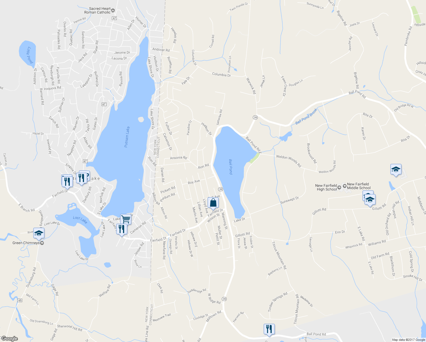 map of restaurants, bars, coffee shops, grocery stores, and more near 166 Ball Pond Road in New Fairfield