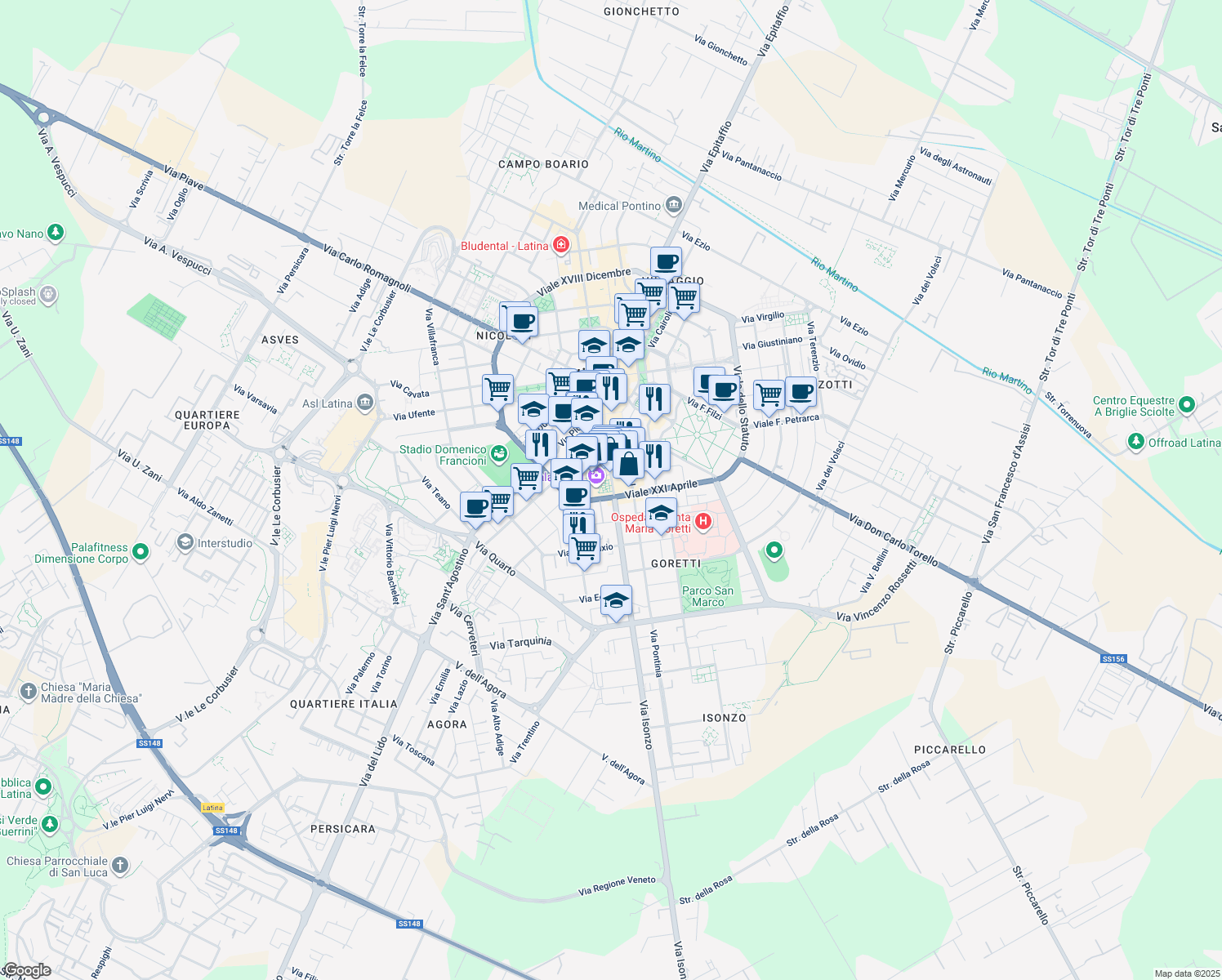 map of restaurants, bars, coffee shops, grocery stores, and more near 238 Corso della Repubblica in Latina