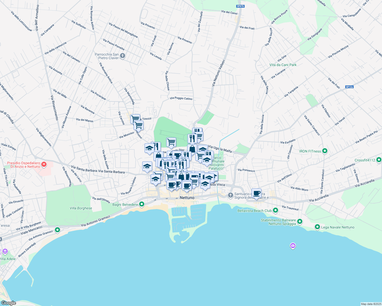 map of restaurants, bars, coffee shops, grocery stores, and more near 198A Via Santa Maria in Nettuno