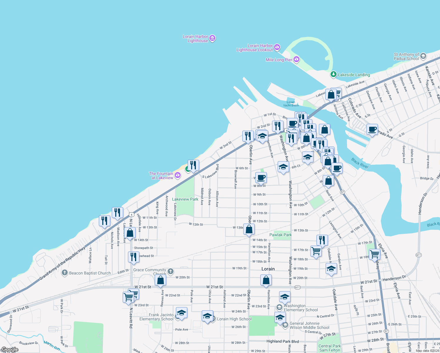 map of restaurants, bars, coffee shops, grocery stores, and more near 1346 W 7th St in Lorain