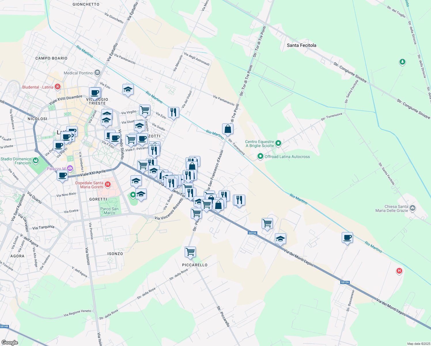 map of restaurants, bars, coffee shops, grocery stores, and more near 104 Via San Francesco d'Assisi in Latina