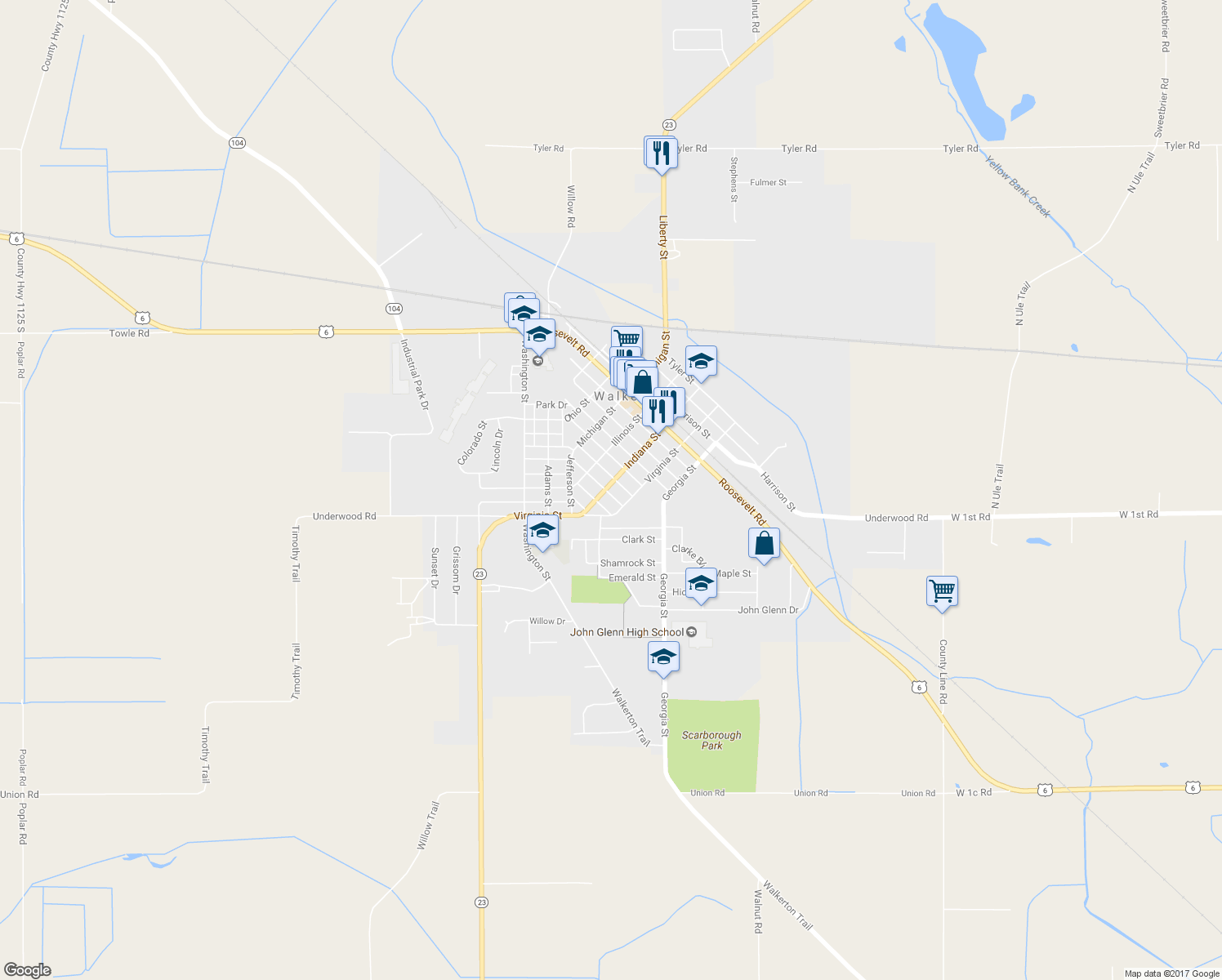 map of restaurants, bars, coffee shops, grocery stores, and more near 607 Indiana Street in Walkerton