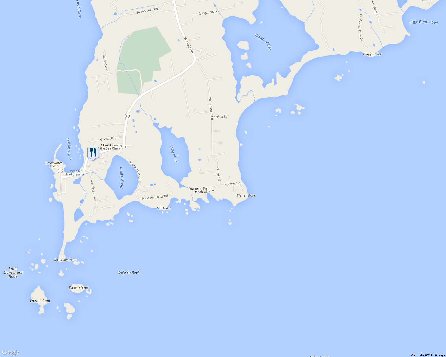 map of restaurants, bars, coffee shops, grocery stores, and more near 28 Grinnell Road in Little Compton