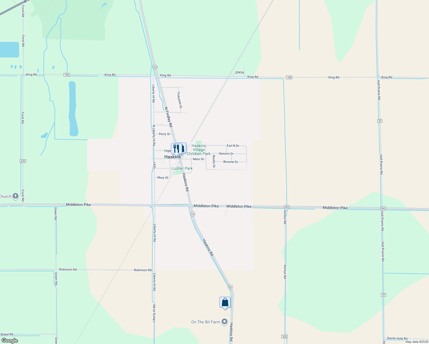 map of restaurants, bars, coffee shops, grocery stores, and more near 106 Enright Drive in Haskins