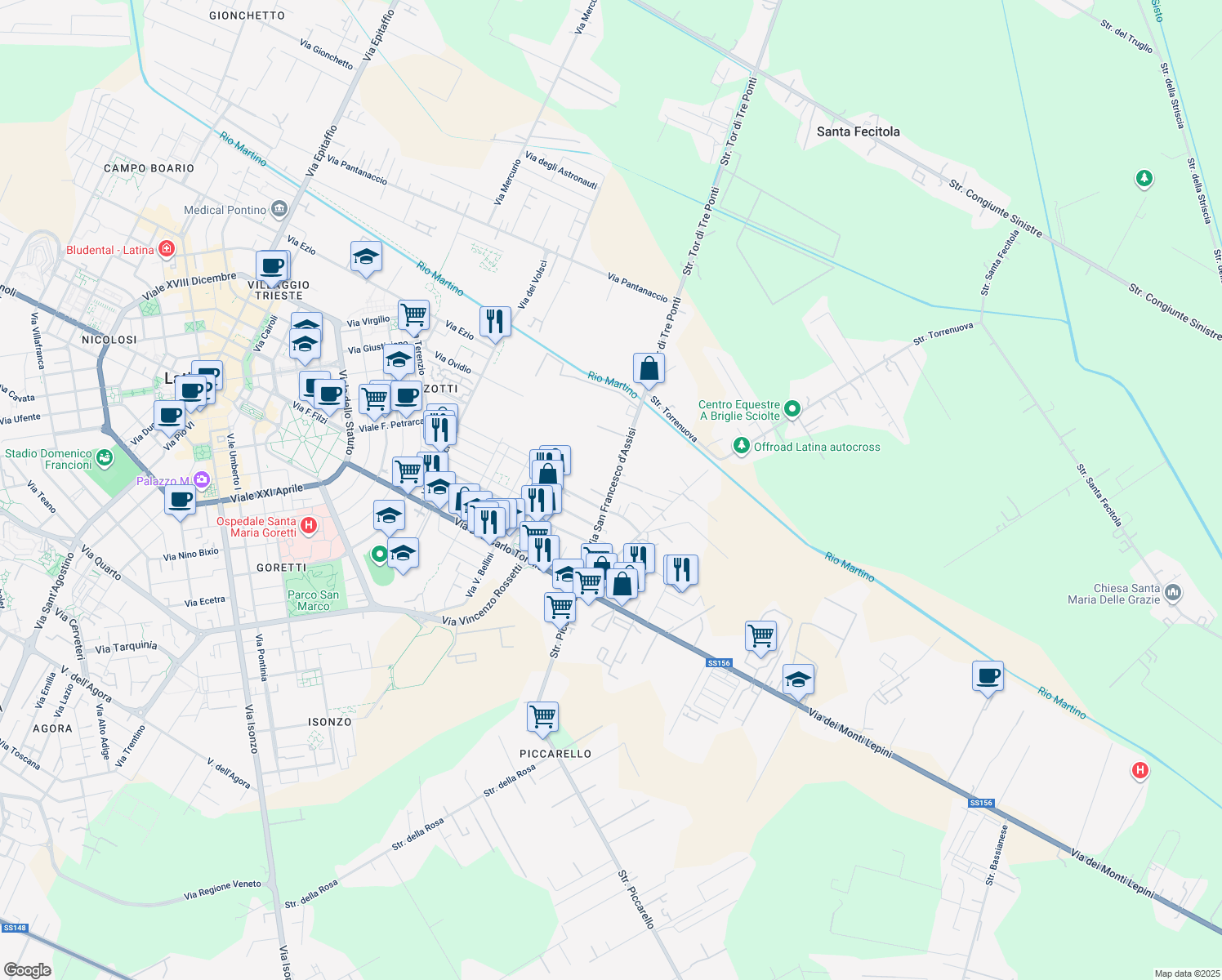 map of restaurants, bars, coffee shops, grocery stores, and more near 104 Via San Francesco d'Assisi in Latina
