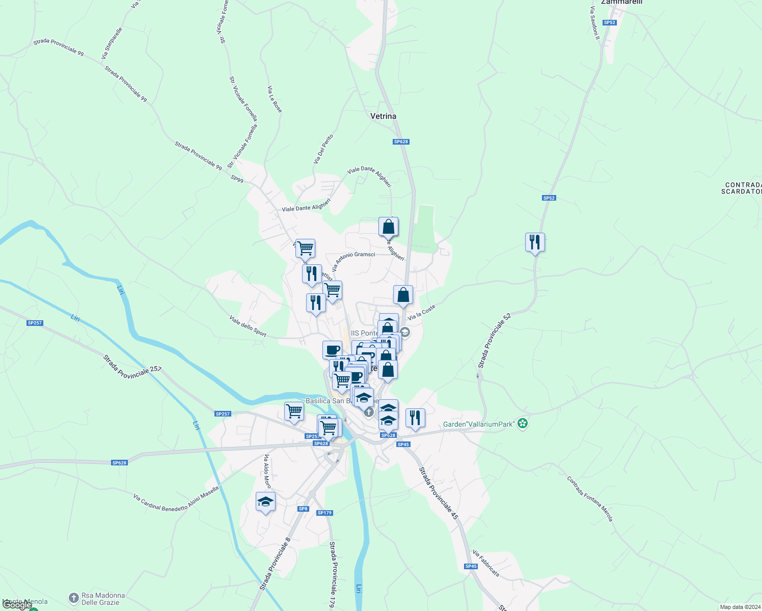 map of restaurants, bars, coffee shops, grocery stores, and more near 19 Via Trieste in Pontecorvo
