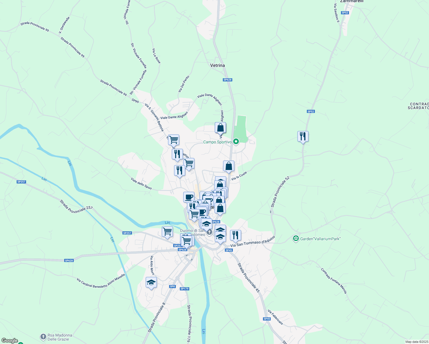 map of restaurants, bars, coffee shops, grocery stores, and more near 19 Via Trieste in Pontecorvo