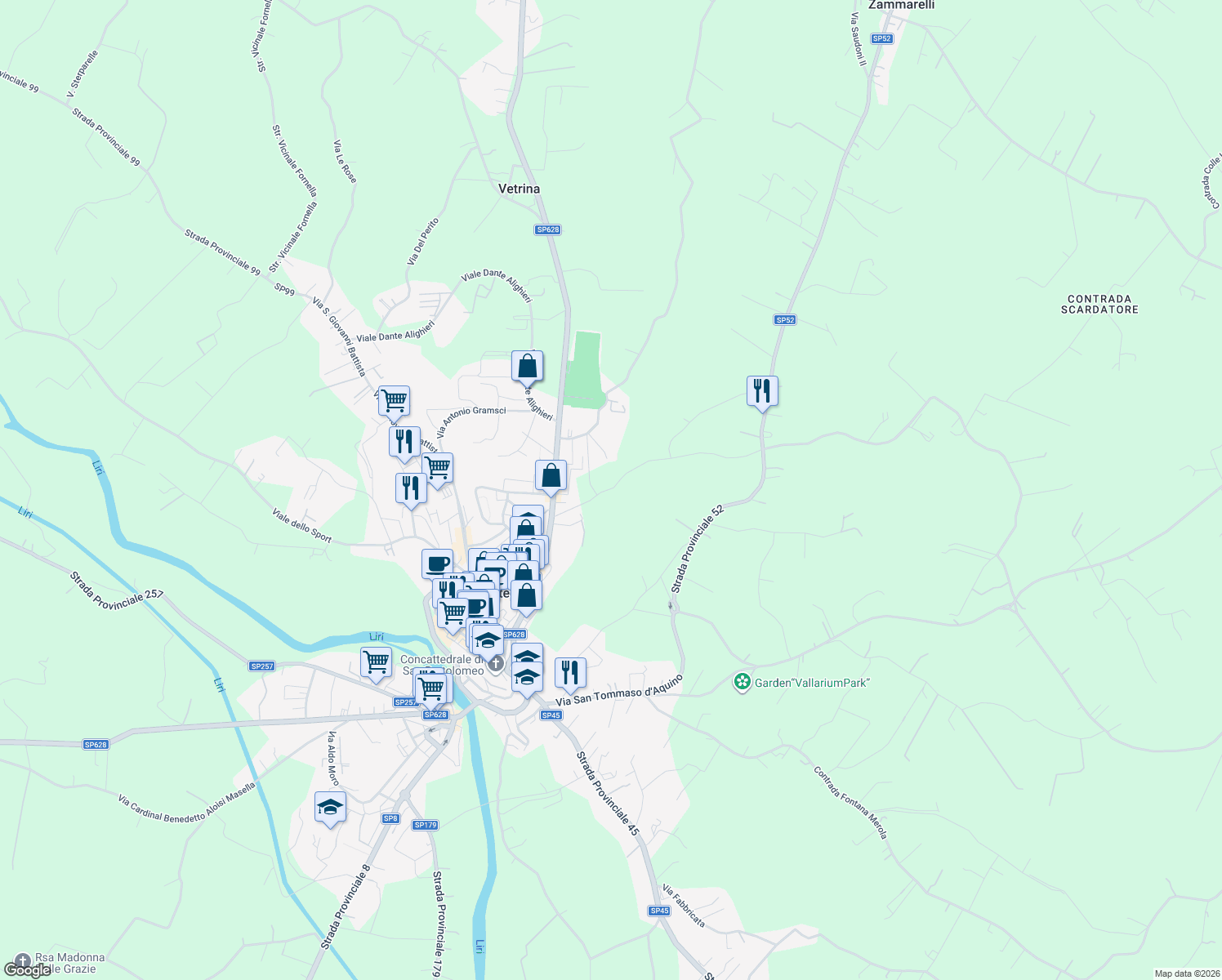 map of restaurants, bars, coffee shops, grocery stores, and more near in Province of Frosinone