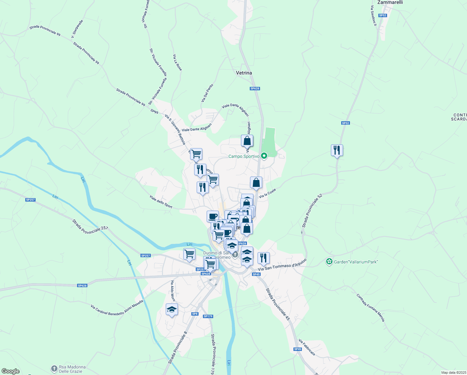 map of restaurants, bars, coffee shops, grocery stores, and more near 15 Via Trieste in Pontecorvo
