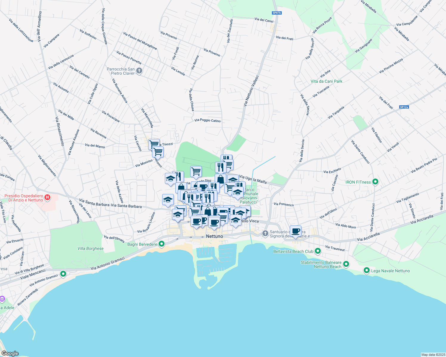 map of restaurants, bars, coffee shops, grocery stores, and more near 198A Via Santa Maria in Nettuno