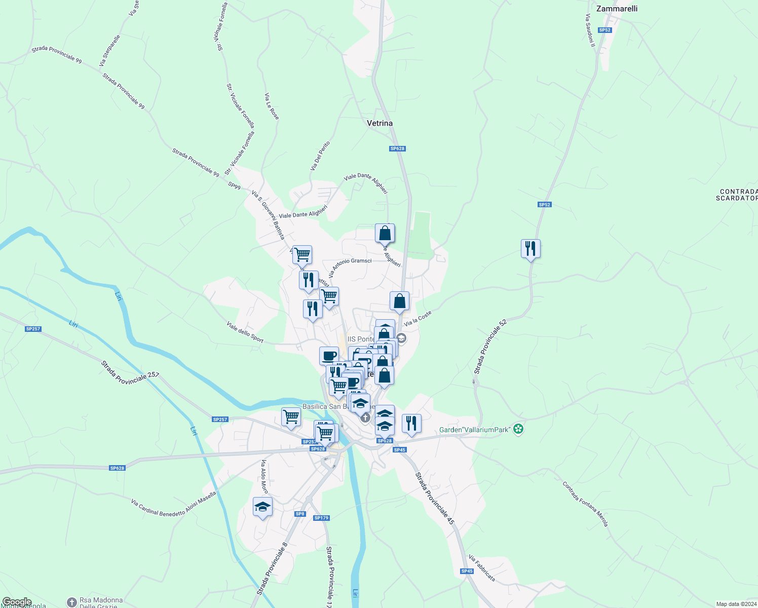 map of restaurants, bars, coffee shops, grocery stores, and more near 19 Via Trieste in Pontecorvo