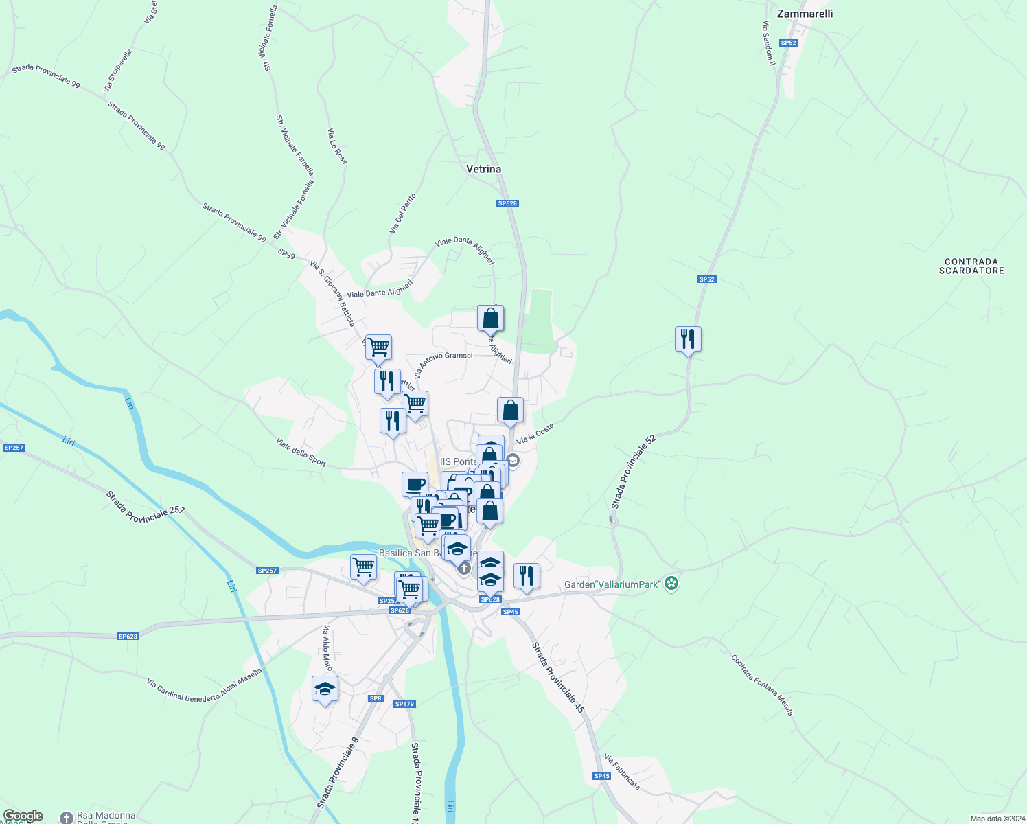 map of restaurants, bars, coffee shops, grocery stores, and more near 124A Via XXIV Maggio in Pontecorvo