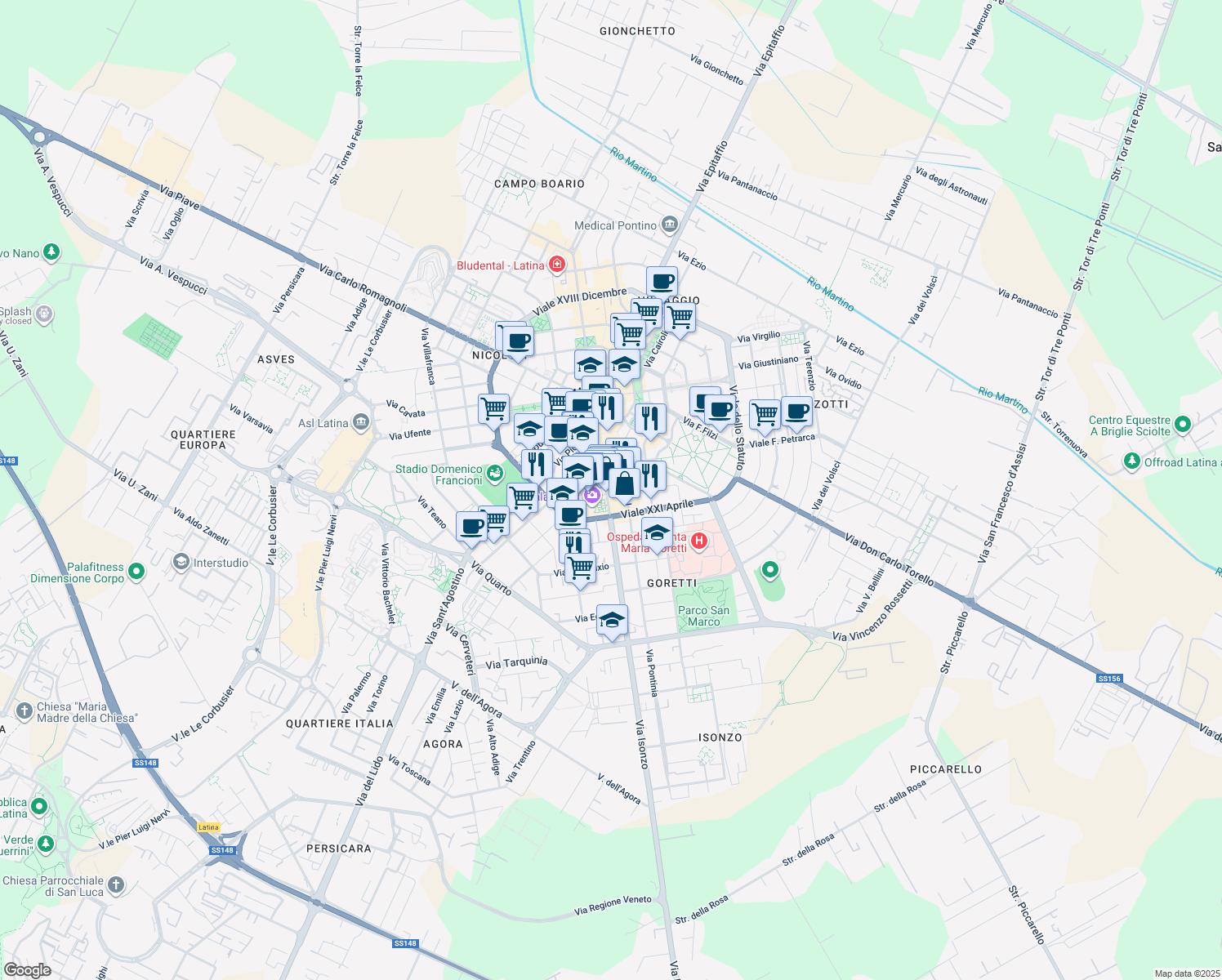 map of restaurants, bars, coffee shops, grocery stores, and more near 238 Corso della Repubblica in Latina