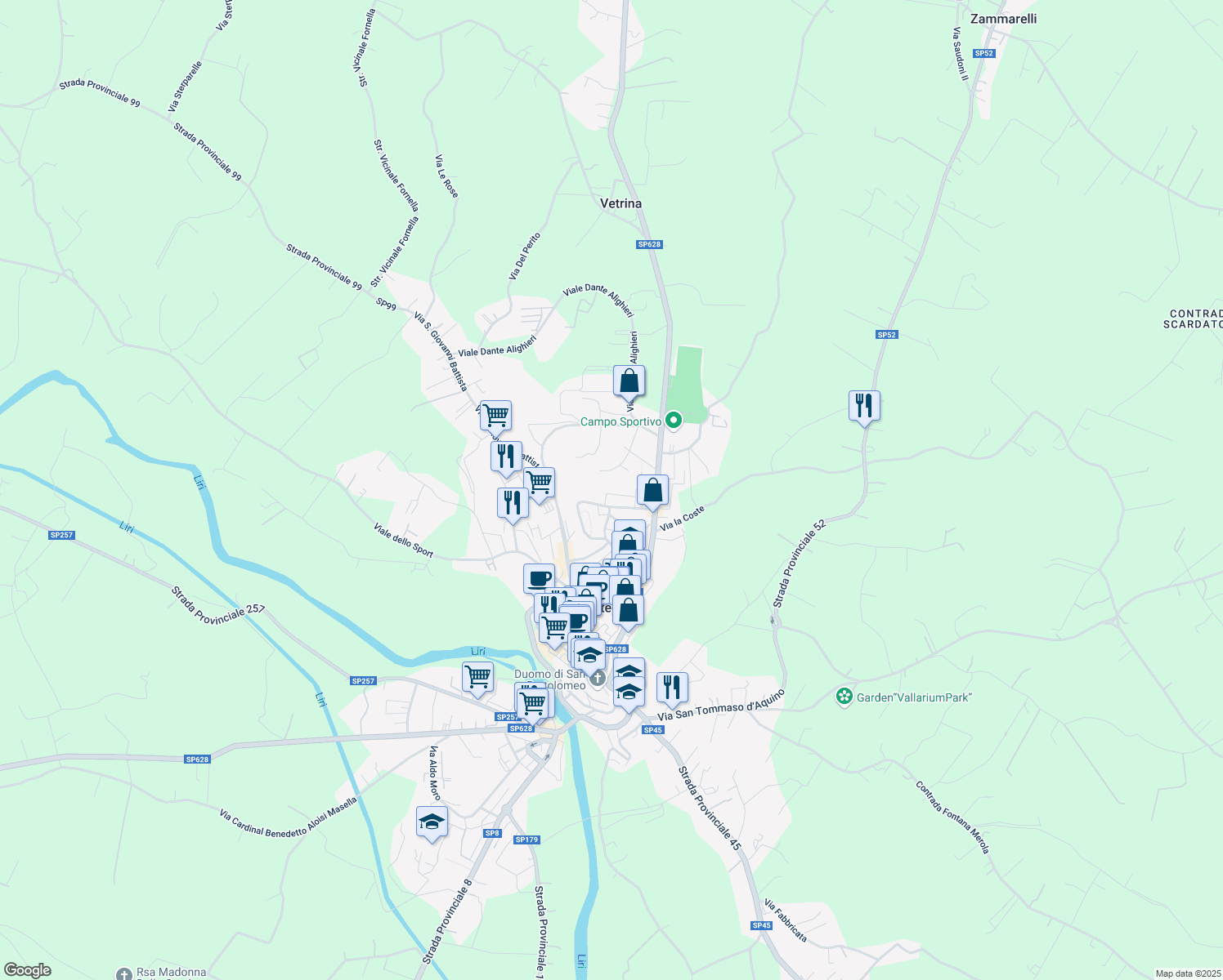 map of restaurants, bars, coffee shops, grocery stores, and more near 20 Via Saragat in Pontecorvo