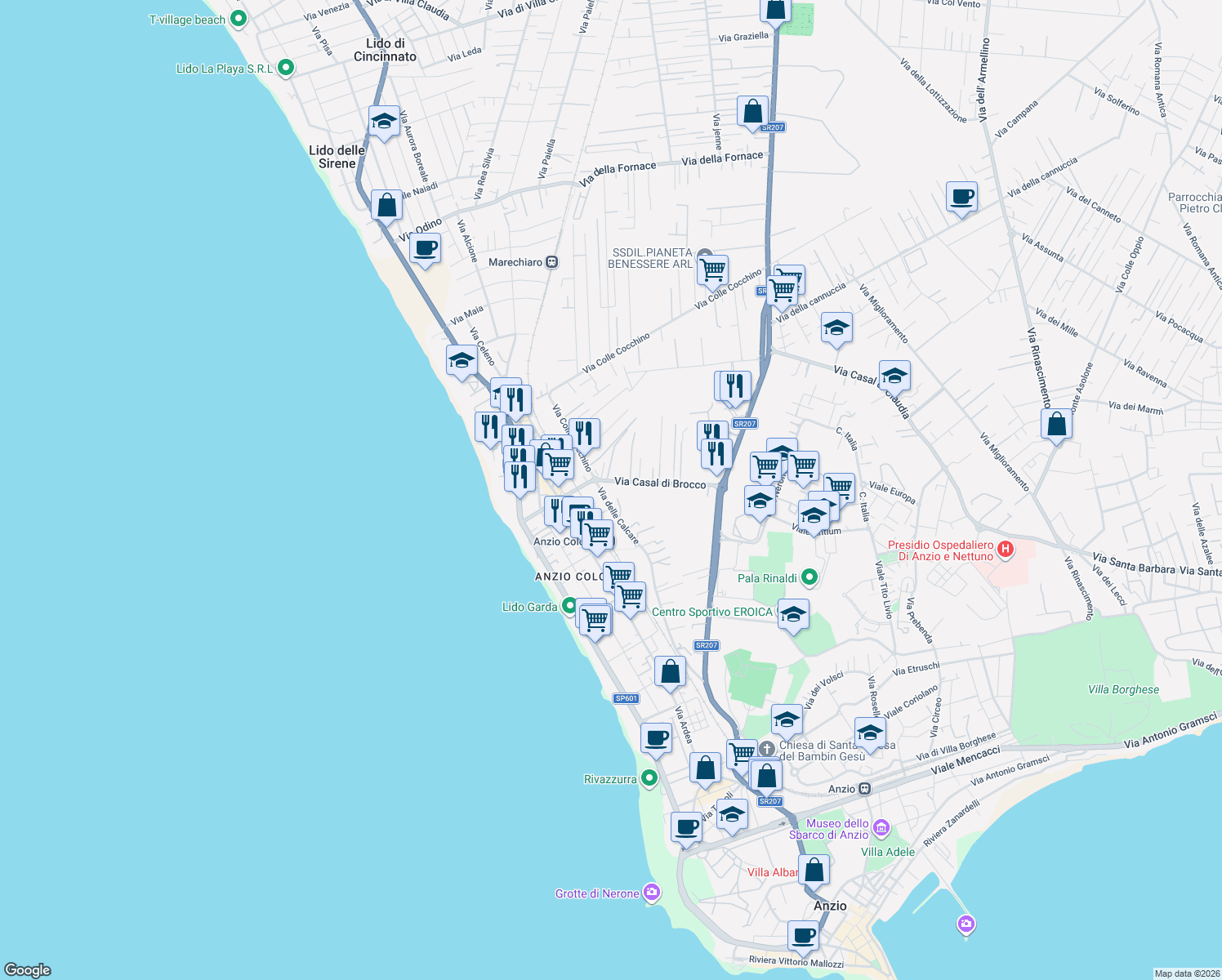 map of restaurants, bars, coffee shops, grocery stores, and more near Via Casal di Brocco in Anzio