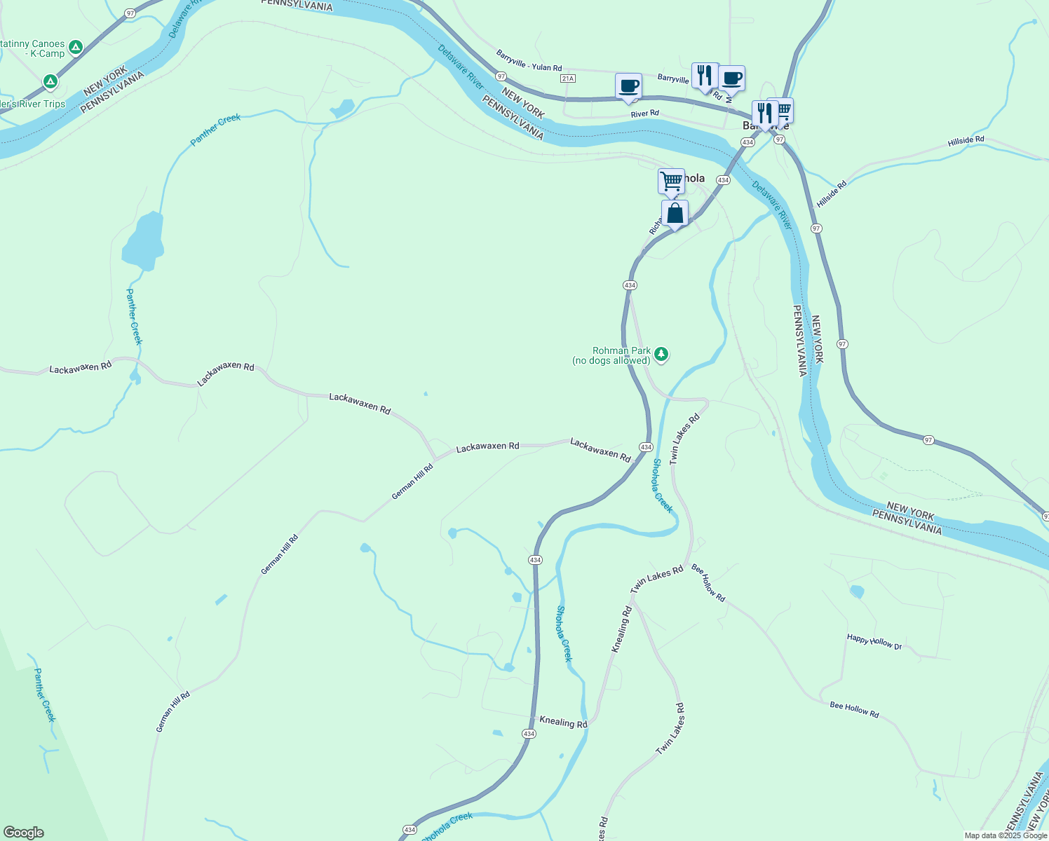 map of restaurants, bars, coffee shops, grocery stores, and more near 141 Lackawaxen Rd in Pike