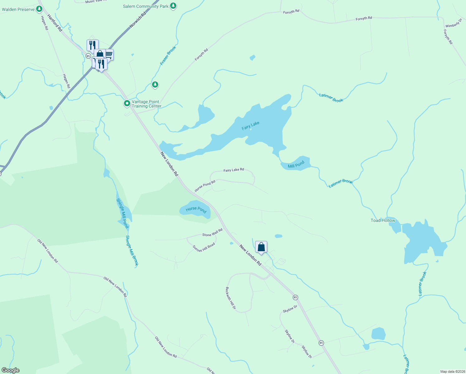 map of restaurants, bars, coffee shops, grocery stores, and more near 65 Horse Pond Road in Salem