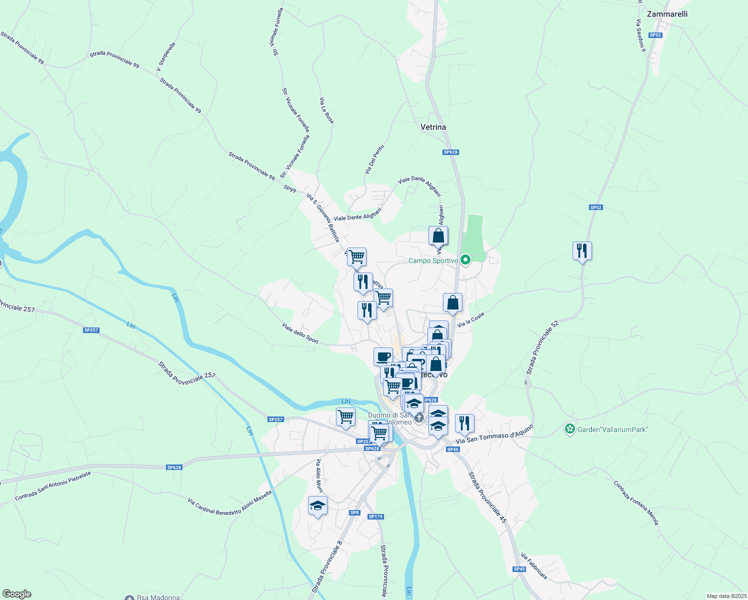 map of restaurants, bars, coffee shops, grocery stores, and more near 36 Via Marco Tullio Cicerone in Pontecorvo