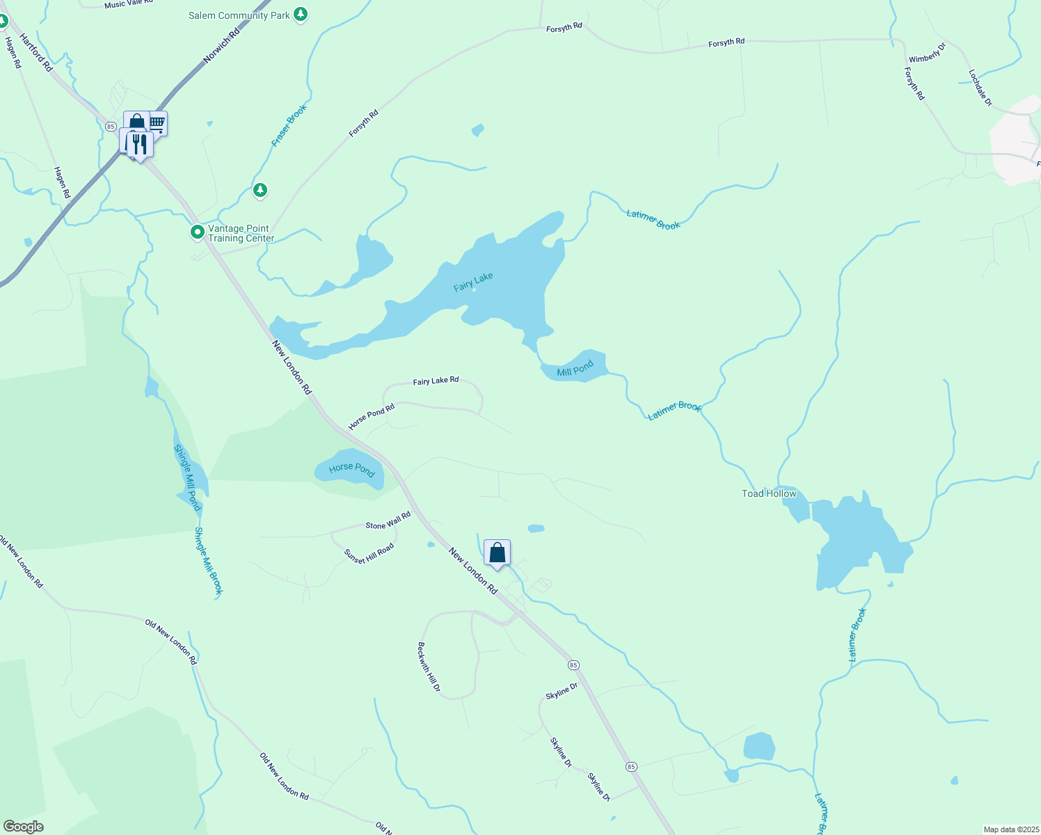 map of restaurants, bars, coffee shops, grocery stores, and more near 63 Horse Pond Road in Salem