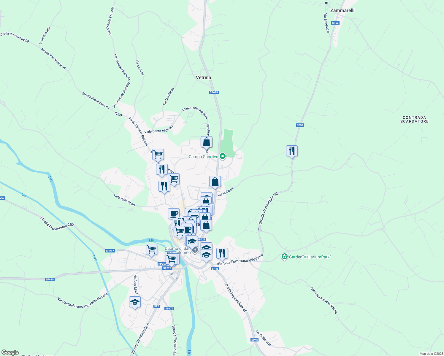 map of restaurants, bars, coffee shops, grocery stores, and more near 136 Via XXIV Maggio in Pontecorvo
