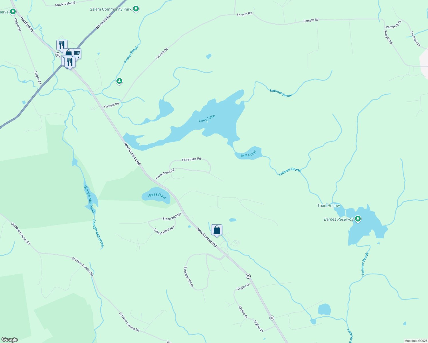 map of restaurants, bars, coffee shops, grocery stores, and more near 94 Fairy Lake Road in Salem