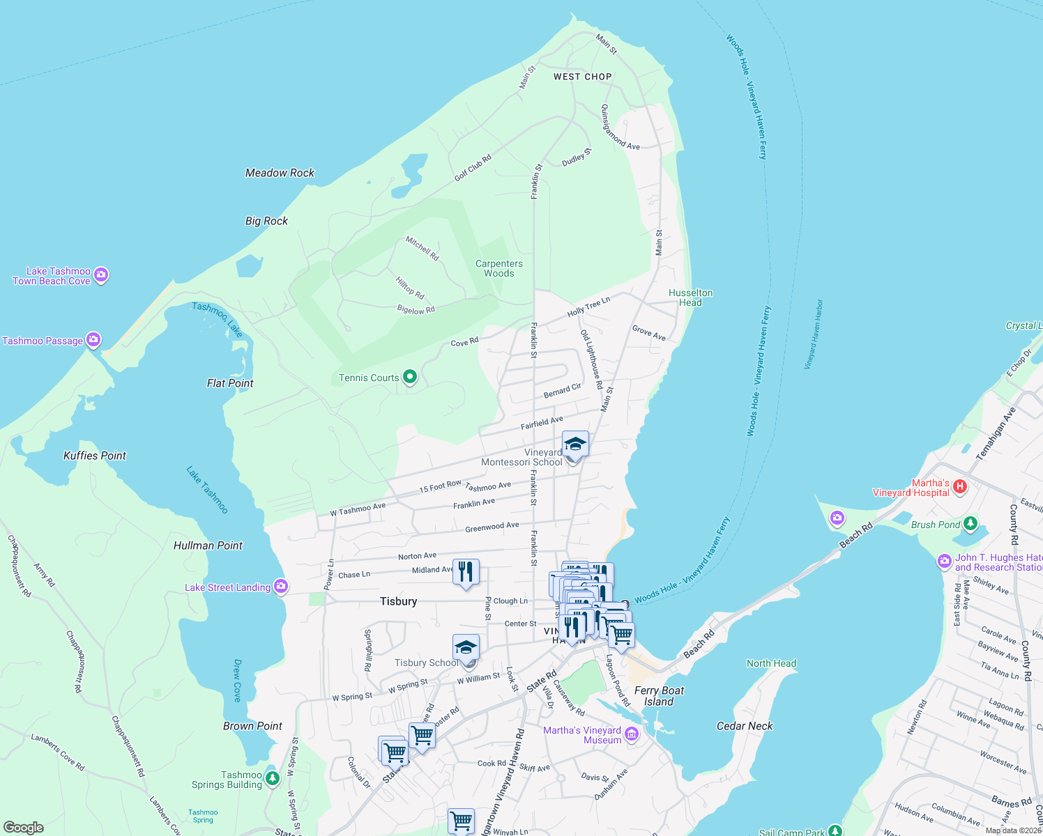 map of restaurants, bars, coffee shops, grocery stores, and more near 112 Dolan Avenue in Tisbury