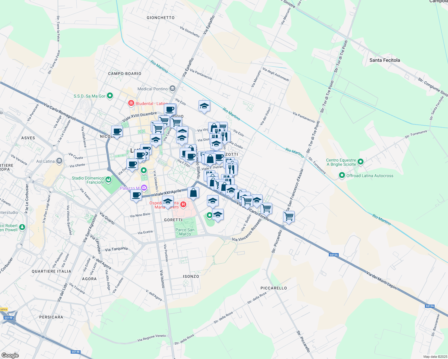 map of restaurants, bars, coffee shops, grocery stores, and more near 27 Via Vittorio Alfieri in Latina