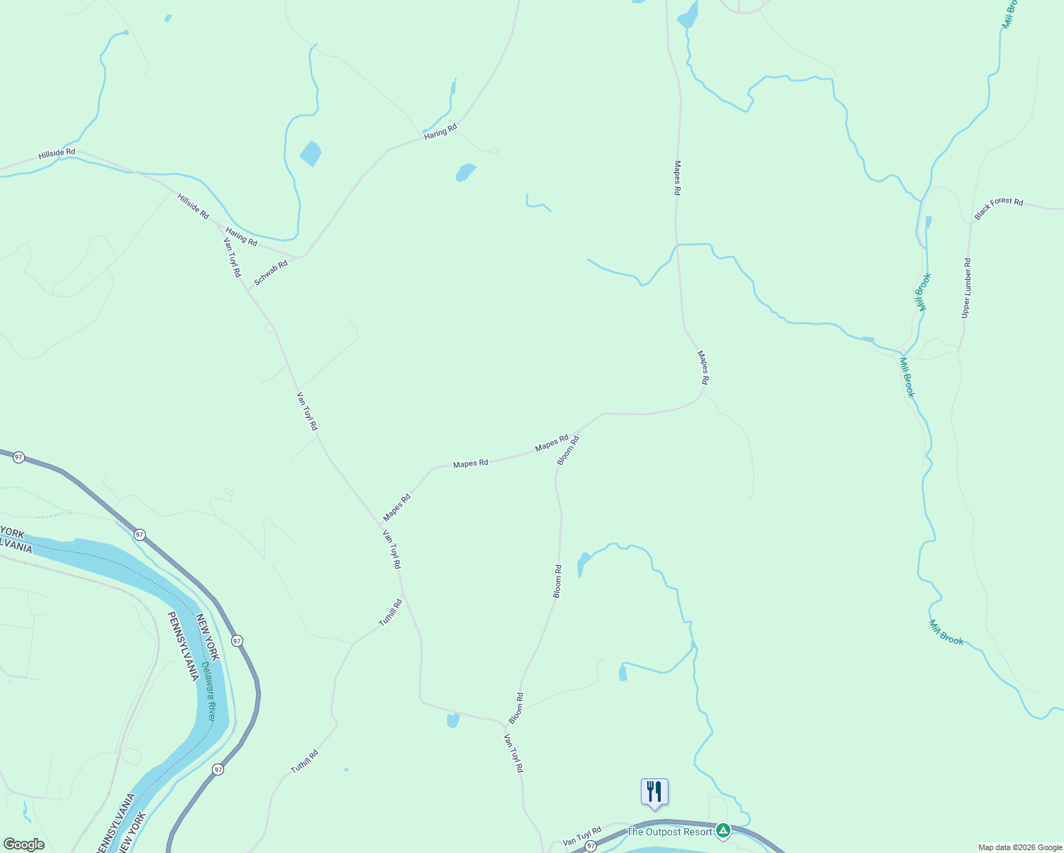 map of restaurants, bars, coffee shops, grocery stores, and more near 125 Mapes Road in Barryville