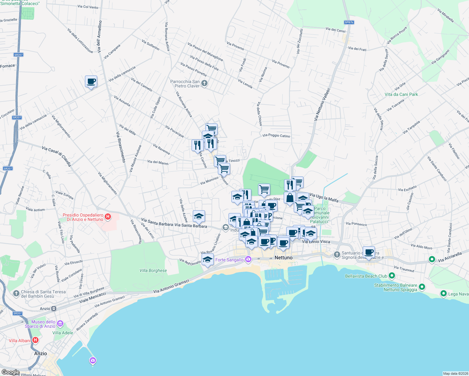 map of restaurants, bars, coffee shops, grocery stores, and more near 28 Via San Giacomo in Nettuno