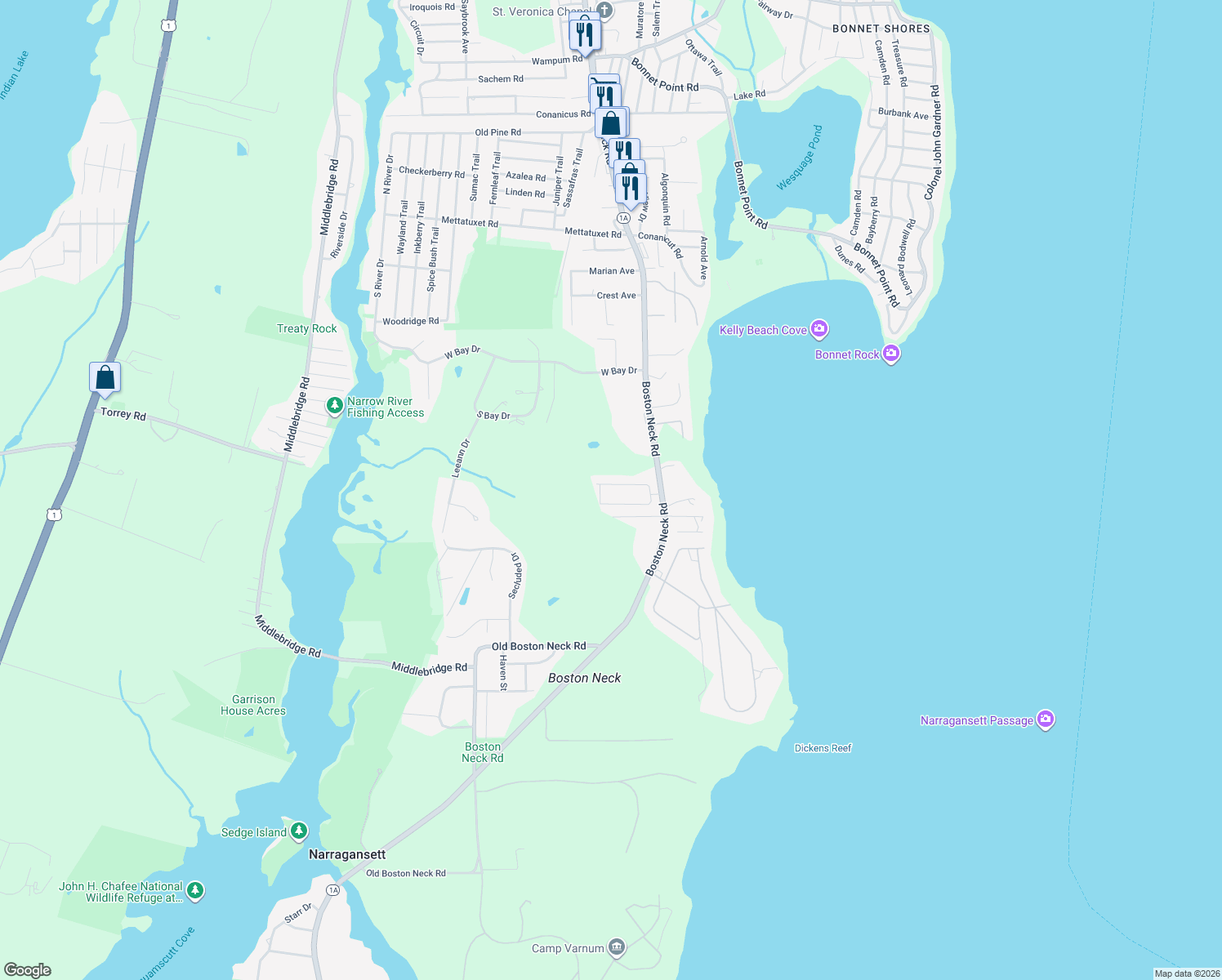 map of restaurants, bars, coffee shops, grocery stores, and more near 32 N Hillview Dr in Narragansett