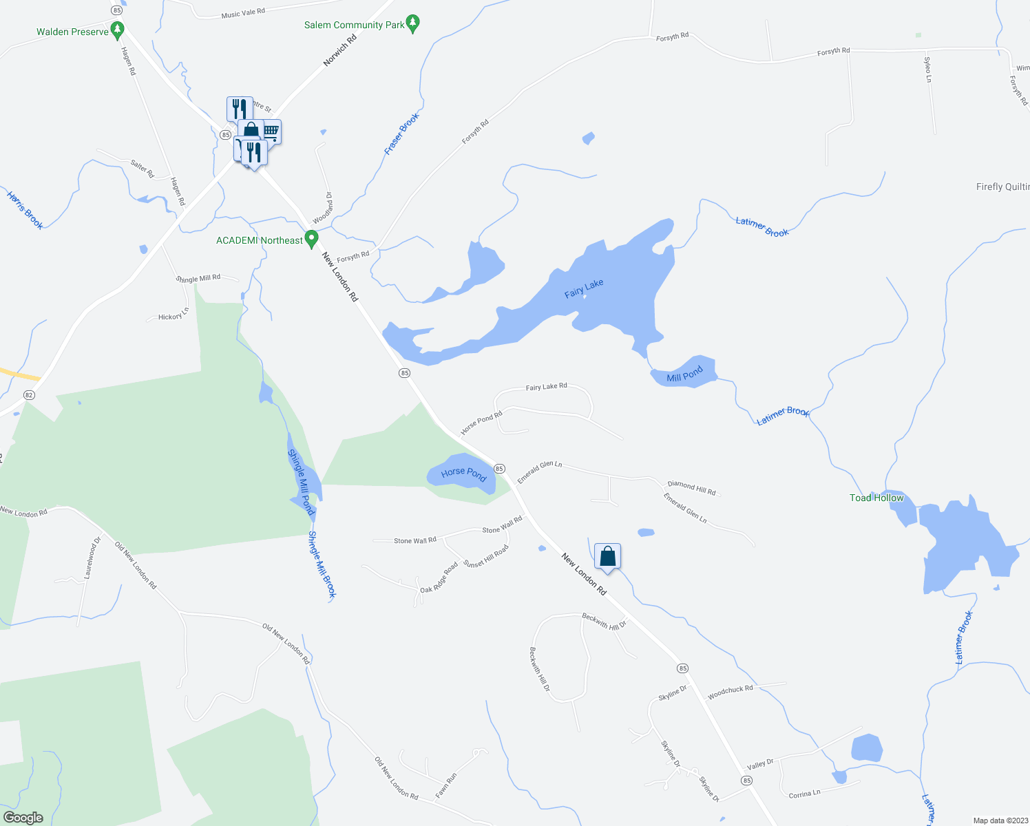 map of restaurants, bars, coffee shops, grocery stores, and more near 43 Horse Pond Road in Salem
